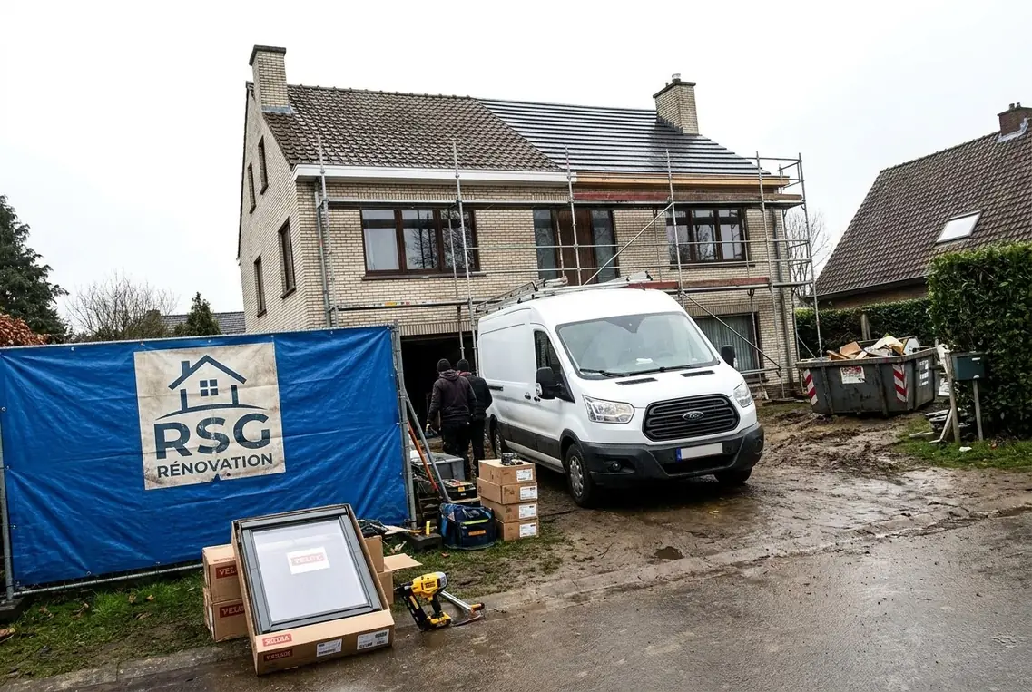 Chantier de rénovation de toiture RSG Rénovation : échafaudage, bâche bleue au nom de l'entreprise, fenêtre de toit à poser
