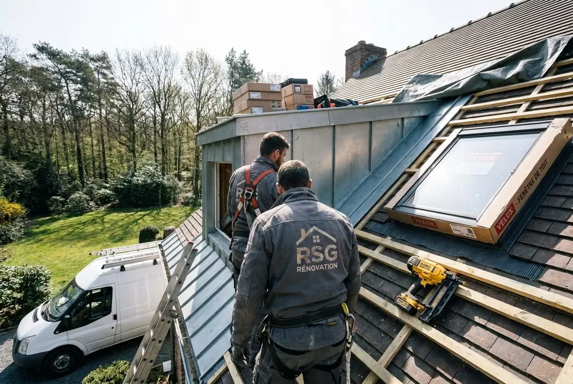 Deux couvreurs RSG Rénovation posent une fenêtre de toit, forêt en arrière-plan