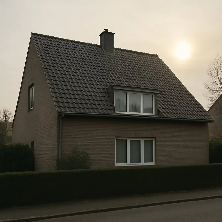 Maison en briques au crépuscule, toiture en tuiles sombres