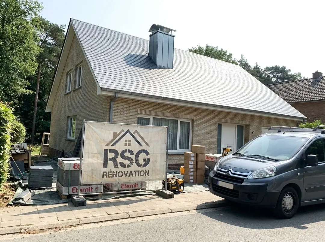 Villa avec toiture en ardoises neuves, bâche RSG Rénovation devant la maison