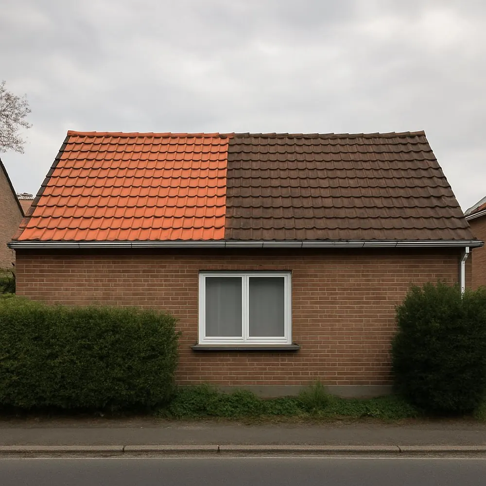 Maison dont la moitié du toit a été refaite en tuiles neuves, l'autre moitié encore ancienne