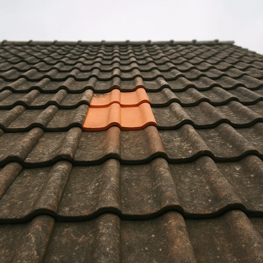 Une tuile neuve remplace une tuile cassée sur un toit en tuiles anciennes