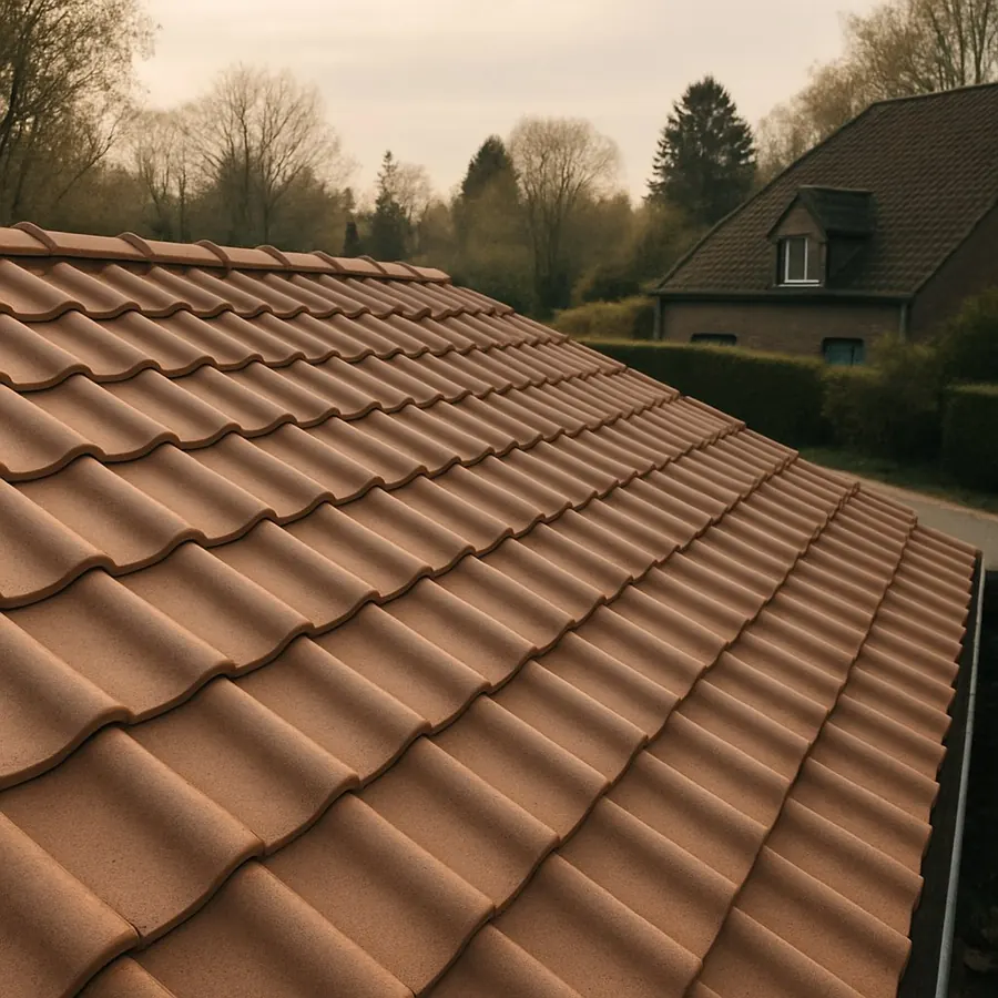 Tuiles propres après démoussage, arbres en arrière-plan